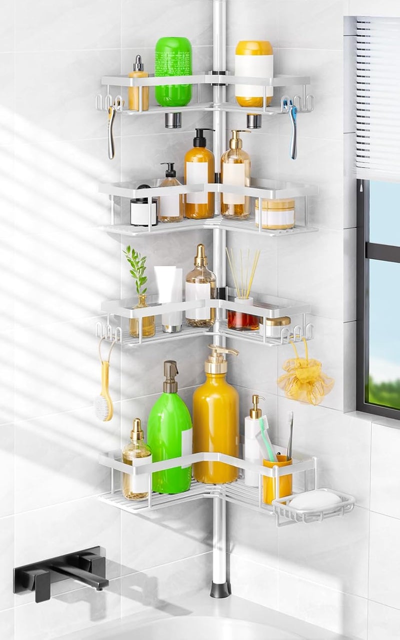 HAMITOR Corner Shower Caddy White: 4-Tier Rustproof Bathroom Bathtub Organizer Shelf with Soap Holder & Hooks - No-Drill Adjustable Standing Tension Pole Rack for Apartment Renters - 47-123 Inch - Image 1